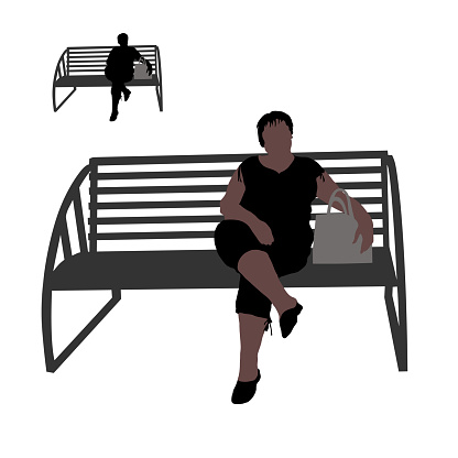 A woman with a bag in the summer sits on a wooden bench outdoors close-up. Vector silhouette.