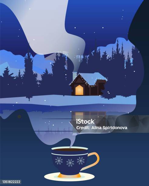 Coffee Cup With Beautiful Snowy Winter House On River Bank With Smoke From Chimney Stock Illustration - Download Image Now