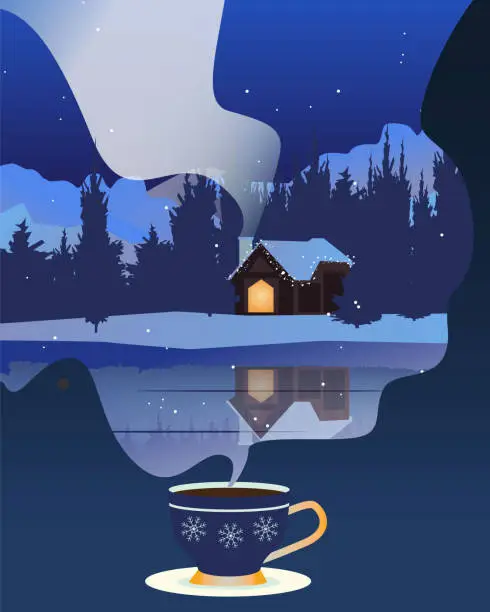 Vector illustration of Coffee cup with beautiful Snowy winter house on river bank with smoke from chimney