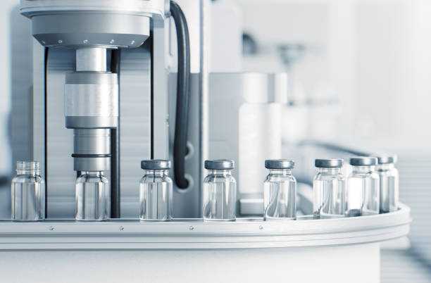 A pharmaceutical manufacturing and bottling factory in a bright laboratory environment. Computer generated image of vaccine vials with liquids inside them.