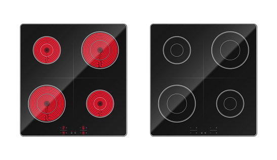 Black induction cooktop electric stove panel realistic set vector illustration. Glass ceramic cooking hob with four heating zone top view isolated. Household appliance with sensory control buttons