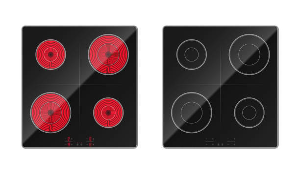 Black induction cooktop electric stove panel realistic set vector glass ceramic cooking hob Black induction cooktop electric stove panel realistic set vector illustration. Glass ceramic cooking hob with four heating zone top view isolated. Household appliance with sensory control buttons burner stove top stock illustrations