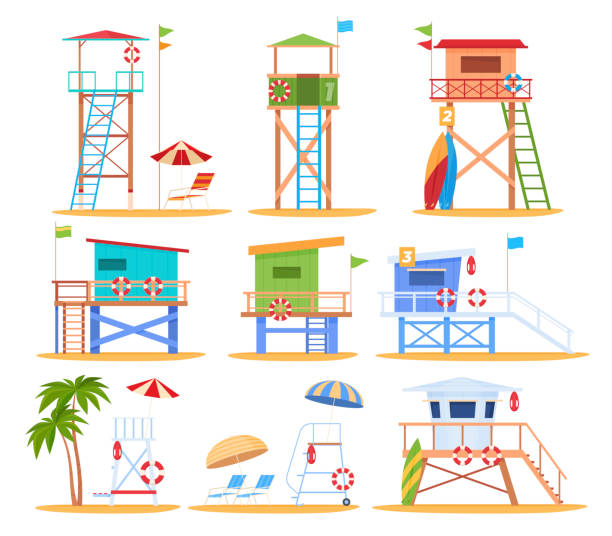 Observation deck at beach with lifeguard tower set vector flat illustration lifequarder construction Observation deck at beach with lifeguard tower set vector flat illustration. Collection lifequarder construction with lifebuoy and flag for contemplating people relaxing at tropical summer landscape beach stuff stock illustrations