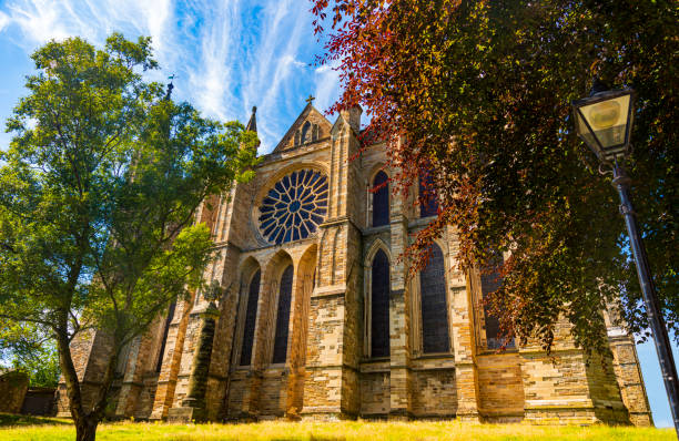 External view of Durham cathedral medieval religious building stock photo