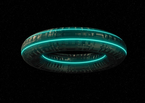 Science fiction spaceship isolated on a black background in outer space. 3D rendering