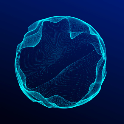 Spherical equalizer for music. Round sound wave of particles. Musical abstract blue background.