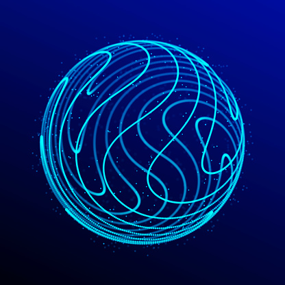 Sphere with twist lines. Spherical waveform. HUD element. Network connection structure.