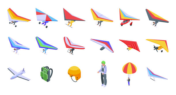Hang glider icons set. Hang glider icons set. Isometric set of hang glider vector icons for web design isolated on white background hang glider stock illustrations