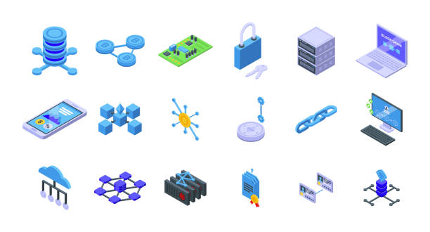 Block chain icons set. Block chain icons set. Isometric set of block chain vector icons for web design isolated on white background blockchain icons stock illustrations