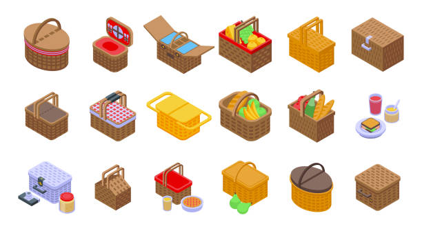 ilustrações de stock, clip art, desenhos animados e ícones de picnic basket icons set. - basket apple wicker fruit