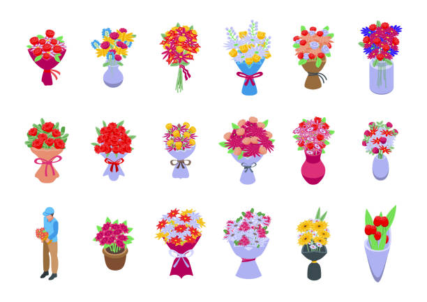 꽃다발 아이콘 세트. - cut flowers rose purple flower arrangement stock illustrations