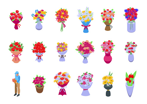 Bouquet icons set isometric vector. Flower basket. Vase bunch