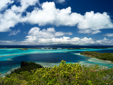 Bora Bora Lagoon with Raiatea and Tahaa in Background From Above on a Sunny Day, 40 MPixel native resolution