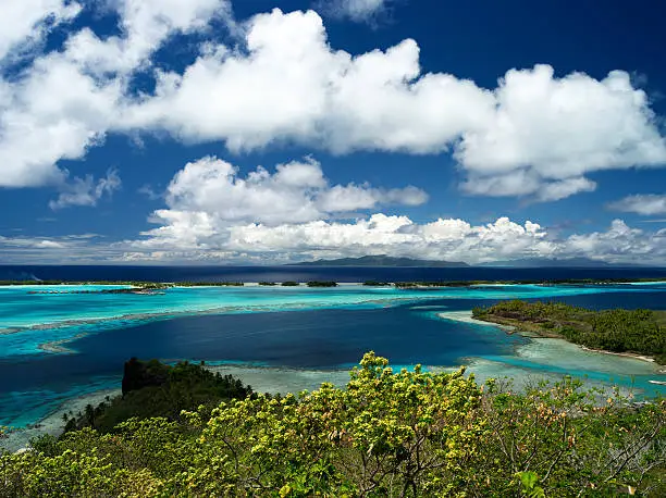 Bora Bora Lagoon with Raiatea and Tahaa in Background From Above on a Sunny Day, 40 MPixel native resolution