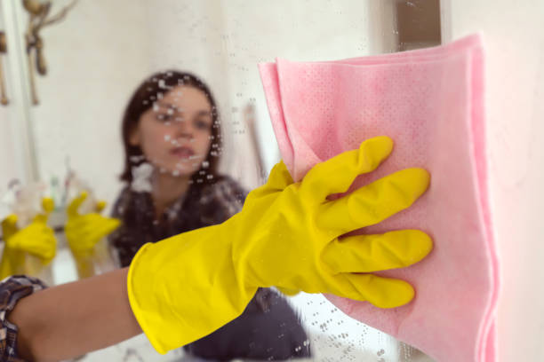 istock Young woman is washing mirror in the bathrom. 1351831905