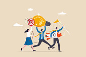 istock Entrepreneurship, think and develop new idea, organize and launch new innovation product, startup or start new company, business people holding winner flag, rocket ship, lightbulb idea and target plan 1351833129