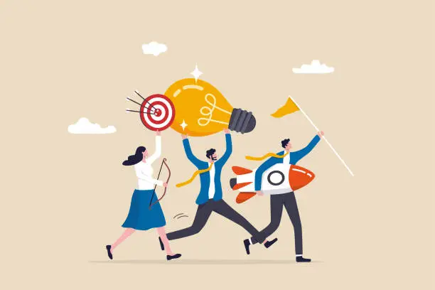 Vector illustration of Entrepreneurship, think and develop new idea, organize and launch new innovation product, startup or start new company, business people holding winner flag, rocket ship, lightbulb idea and target plan
