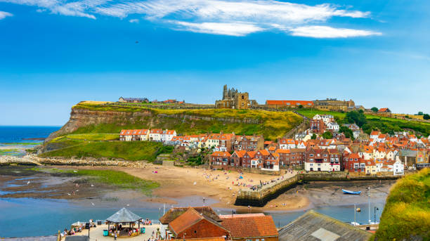 vista panorâmica de whitby, north yorkshire - esk river - fotografias e filmes do acervo