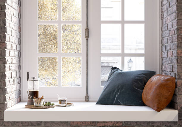 relaxing space with coffee and sweets - window sill imagens e fotografias de stock