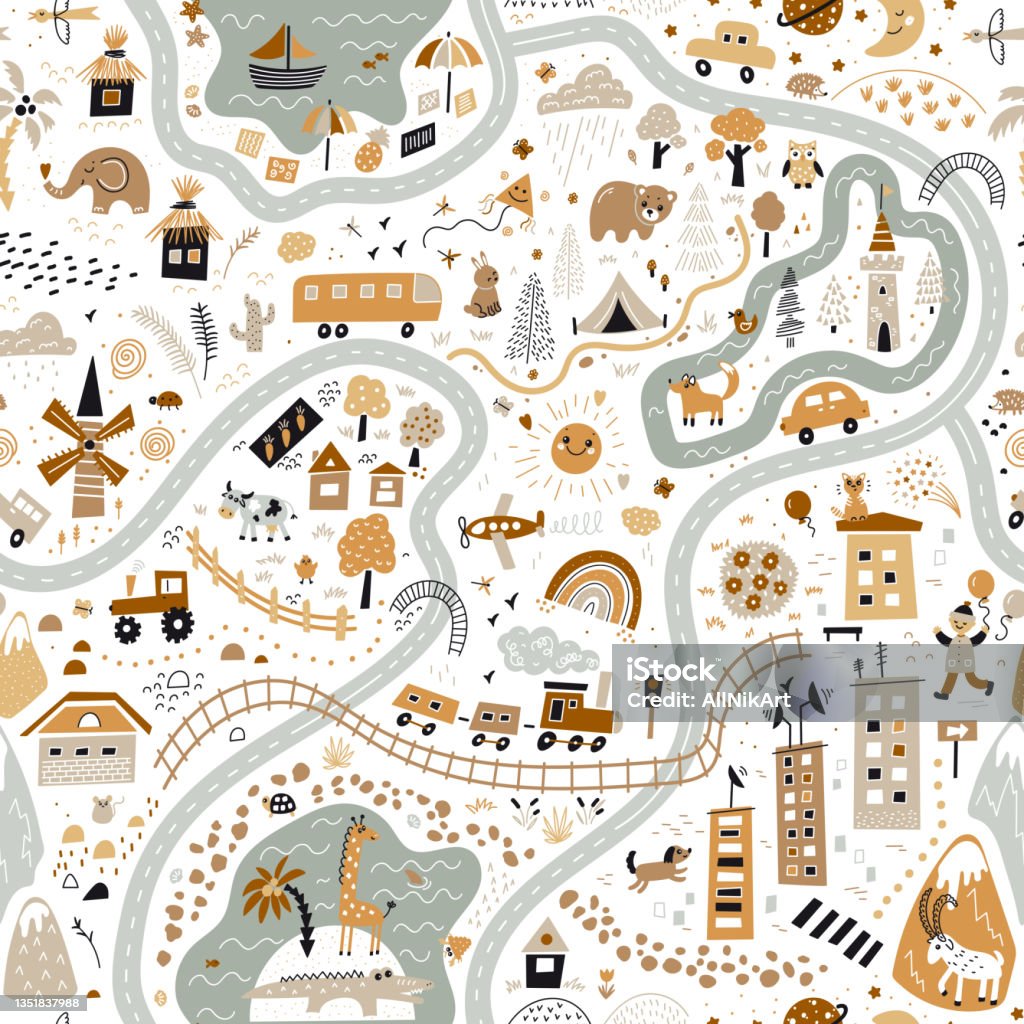 Middeleeuws tiran optillen Childrens World Map Travel Around The World Play Mat For Kids Baby Land Map  Vector Seamless Pattern Kid Carpet With Cute Doodle Roads Nature City  Village Forest Sea And Wild Animals Etc