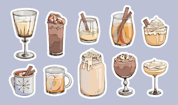 ilustrações, clipart, desenhos animados e ícones de adesivos. pacote de adesivos. bebidas populares de inverno quente isolam ilustrações de vetores. bebidas de natal e coquetéis. caneca de chocolate quente eggnog maçã café cacau vinho champanhe. - hot chocolate hot drink heat drinking