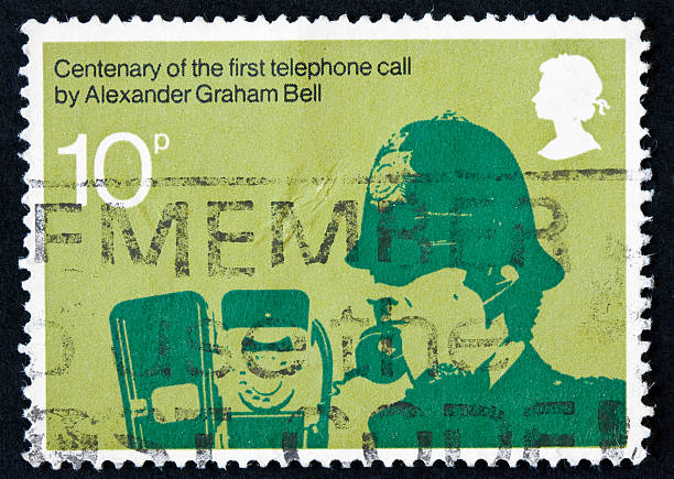 policeman calling stamp celebrating the centenary of the first telephone call by Alexander Graham Bell. alexander graham bell stock pictures, royalty-free photos & images