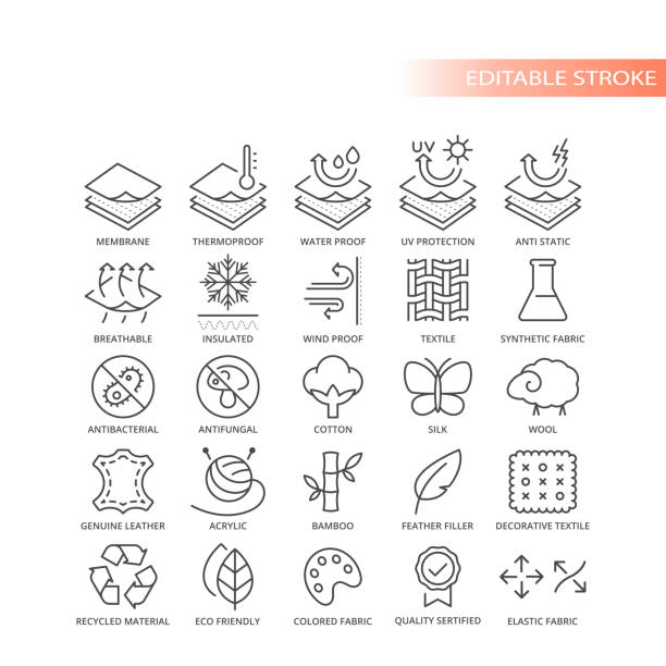 Fabric material feature live vector icon set Fabrics features and properties symbols, editable stroke bamboo fabric stock illustrations