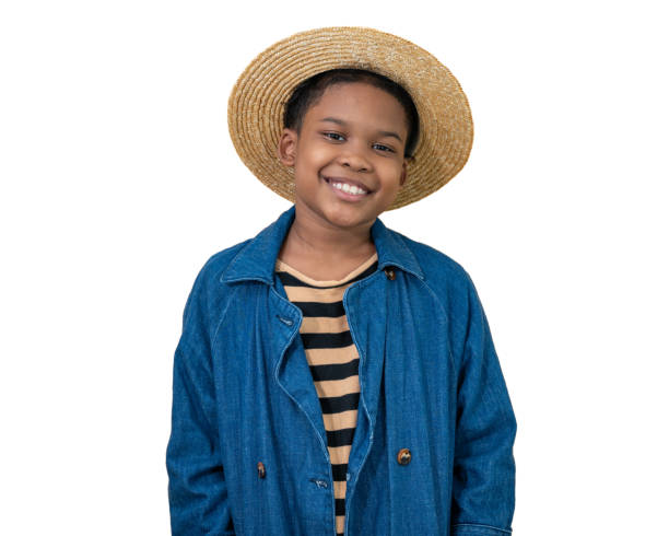 istock Happy cute kid boy with vintage hat on white background 1351843679