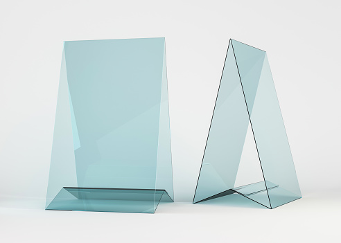 Display stand or acrylic table tent, card holder isolated, empty flyer glass display. 3D rendering
