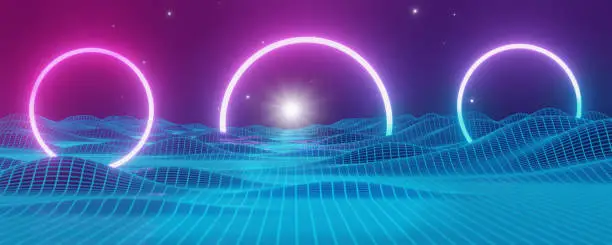 futuristic blue purple neon circle frame,wireframe wave landscape mountain,valley structure Sci-Fi Neon light glow network grid connection, portal lights glowing ring,dark space,3d render illustration