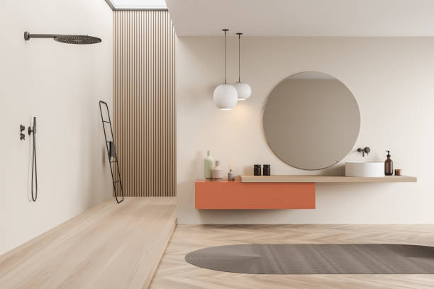 istock Light bathroom interior with stylish minimalist sink and shower 1351845484