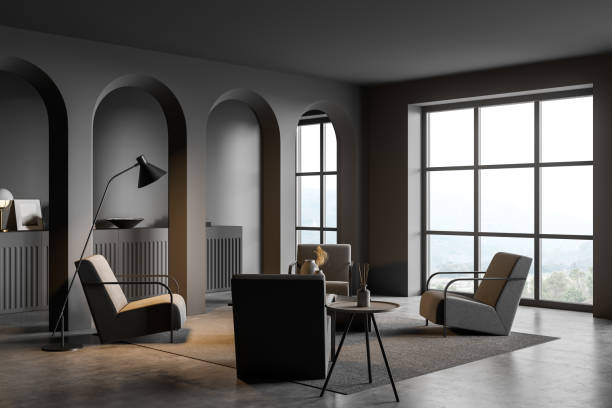 istock Dark living room interior with armchairs and decoration, panoramic window 1351846410