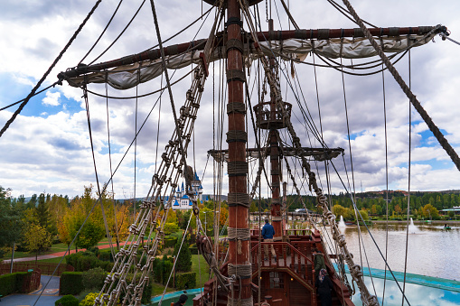 October 6, 2021. Eskisehir, Turkey.Sazova is a pirate ship in the park that can be toured by children and adults. you can get on the ship and take a photo. detail photos of the ship.