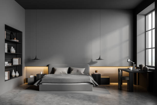 istock Grey bedroom interior with bed and workplace, mockup 1351847840