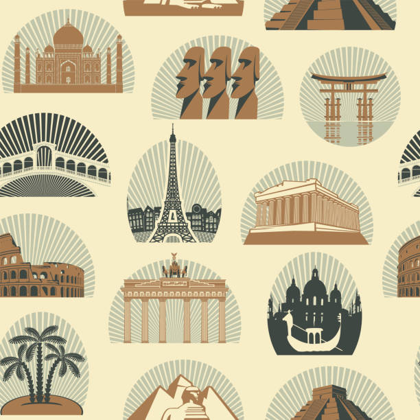 Vector seamless pattern with various world sights Vector seamless pattern with various world sights. Repeating background in retro style on a theme of world tourism with architectural landmarks. Suitable for wallpaper, wrapping paper, fabric brandenburger tor stock illustrations