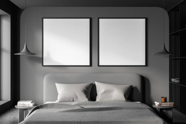 istock Grey bedroom interior with bed and linens, mockup posters 1351848255