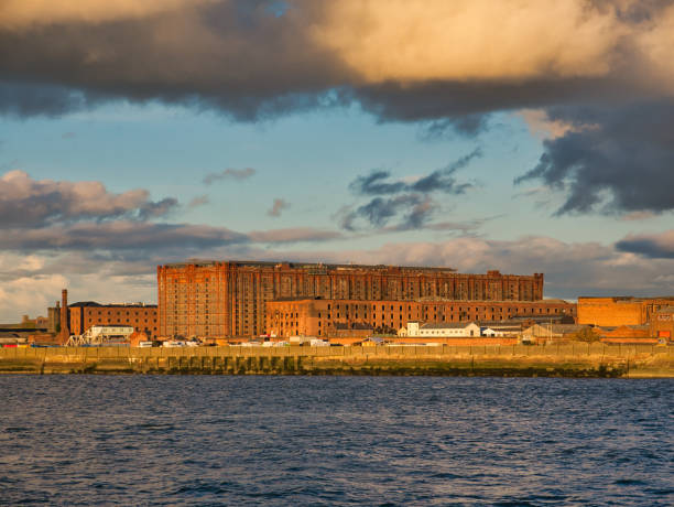 liverpool's stanley dock tobacco warehouse - a grade ii listed building and the world's largest brick warehouse. taken at the end of a sunny day in autumn. - liverpool stadium built structure building exterior imagens e fotografias de stock
