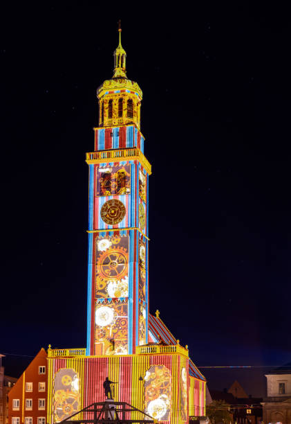 Illuminated historic buildings at the festival of lights in Augsburg, Germany on October 24, 2021