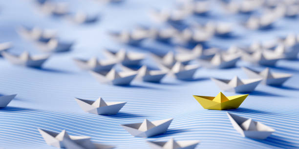 istock Conceptual paper ship; personal challenge and team competition concepts, 3d rendering 1351851030