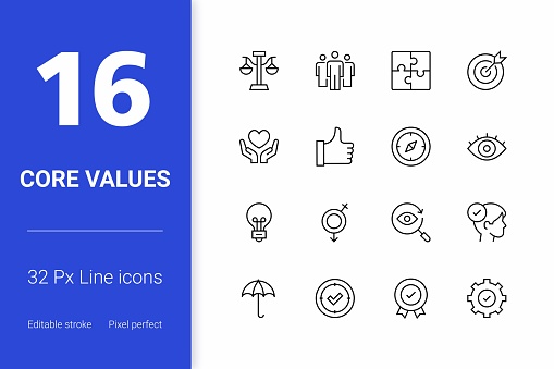 Editable stroke and scalable core values vector icons for mobile apps, web pages, infographics and so on.