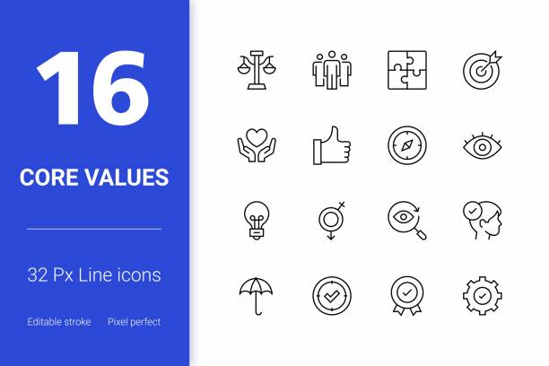 Core Values Editable Stroke Line Icons Editable stroke and scalable core values vector icons for mobile apps, web pages, infographics and so on. simple living stock illustrations