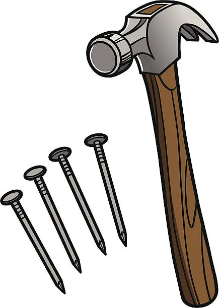 Vector illustration of Wooden hammer with Iron nails 