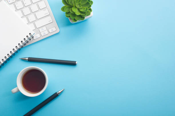 istock Office desk table with supplies. Flat lay Business workplace and objects. Top view. Copy space for text 1351855105