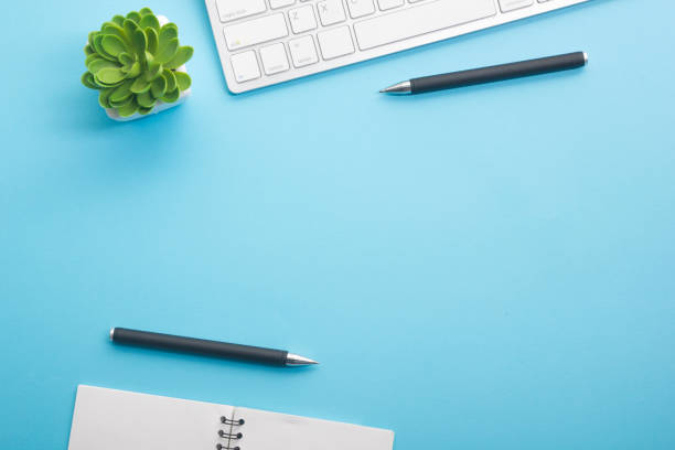 istock Office desk table with supplies. Flat lay Business workplace and objects. Top view. Copy space for text 1351855282