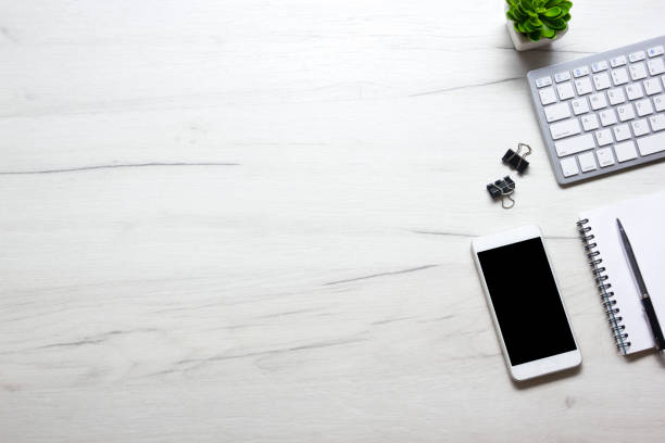 istock Office desk table with supplies. Flat lay Business workplace and objects. Top view. Copy space for text 1351855488