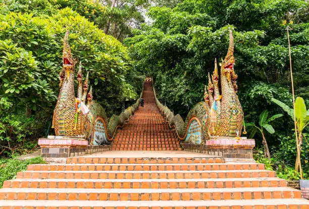 Photo of Naga stairway at the entrance of Wat Phra That Doi Suthep, Chiangmai Thailand