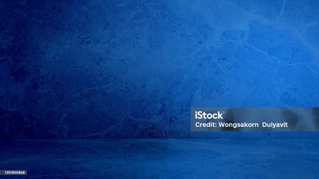blue emperado marble floor and wall backgrounds, room, interior, indoor for products displayed. realistic empty room of stone  materail with artificial light. Blue Background Stock Photo