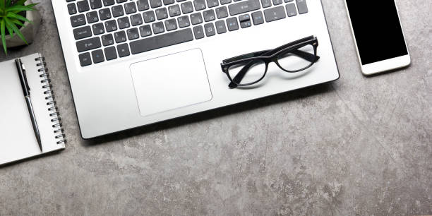 istock Office desk table with supplies. Flat lay Business workplace and objects. Top view. Copy space for text 1351857053