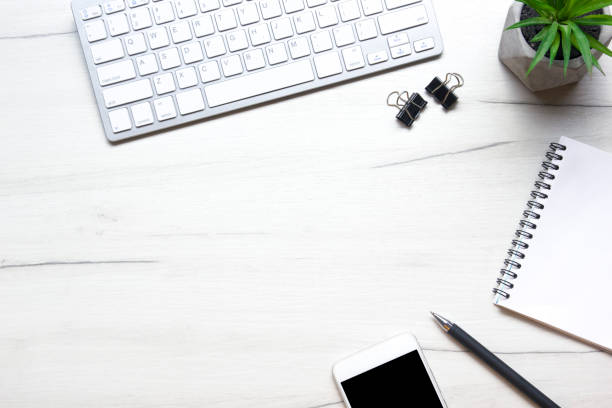 istock Office desk table with supplies. Flat lay Business workplace and objects. Top view. Copy space for text 1351857332