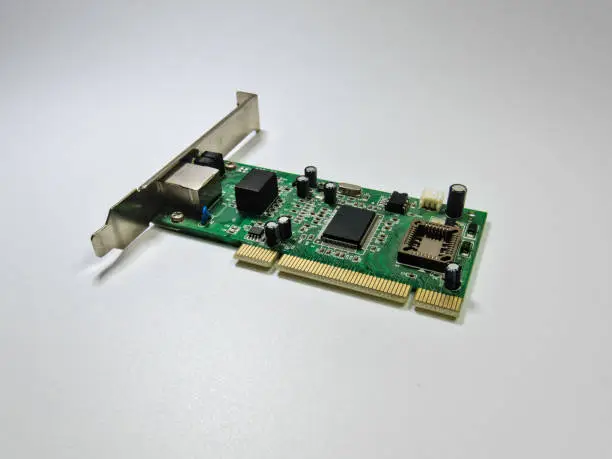 Photo of Ethernet network adapter computer card, bottom side view